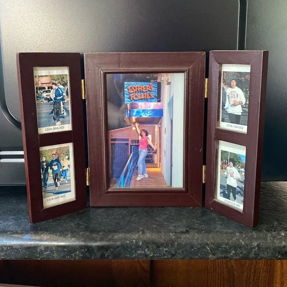 Dark brown wood Tri‎ fold frame for multiple mini photographs